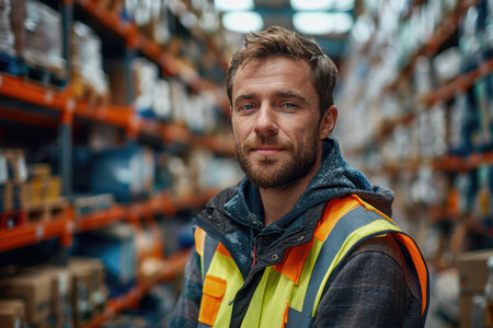 A male employee with a beard in reflective clothing poses at a warehouse.の素材