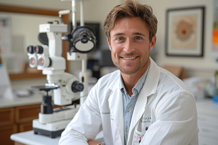 A cheerful young optometrist smiles in a well-equipped modern eye care clinic.の素材