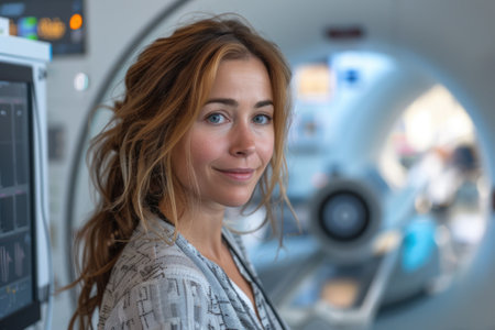 Confident female radiologist with MRI machine in the background, embodying expertise and care.の素材