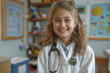 Smiling young girl dressed as a doctor in a classroom, inspiring early interest in medical careers.の素材