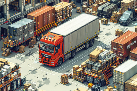 A red cargo truck navigates through a busy logistics hub filled with containers, crates, and various vehicles. AIの素材
