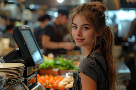 A cheerful young cashier with a friendly smile stands in a vibrant grocery store, her welcoming demeanor embodying the pleasant atmosphere of customer service. cashierの素材
