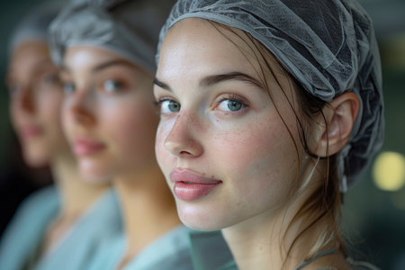 Three women in surgical caps with focused expressions.の素材