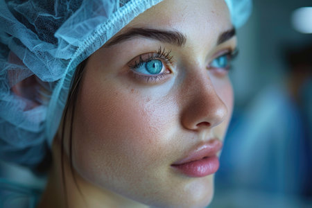 A woman's intense gaze, framed by a surgical cap and attire.の素材