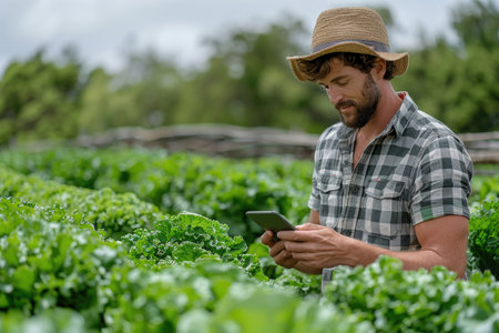 A farmer with a hat engages with technology among vegetable greens.の素材