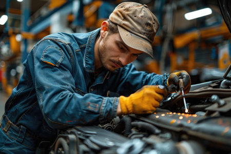 A young mechanic in blue overalls attentively repairs a car engine.の素材