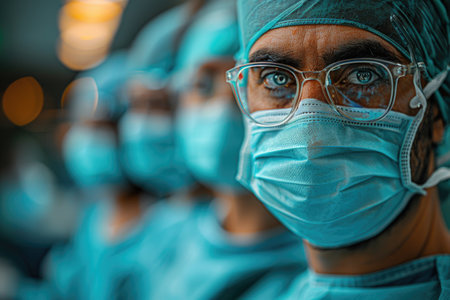 Surgeon with a penetrating gaze wears a mask and safety glasses in the OR.の素材