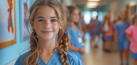 A confident young girl smiles in a doctor's white coat, symbolizing empowerment and future aspirations.の素材