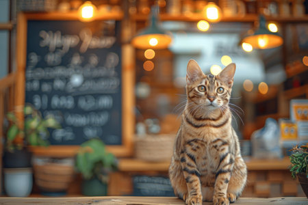 Tabby cat sits attentively in a cozy coffee shop environment. AIの素材