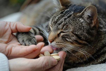 A tabby cat licks vitamins from a human's hand, enjoying the nutritional treat. AIの素材