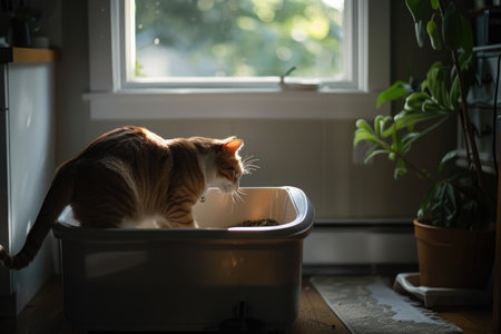 A tabby cat stands in a litter box by a sunny window, surrounded by houseplants. AIの素材