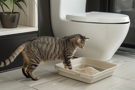 Tabby cat with litter box in a modern bathroom setting. AIの素材