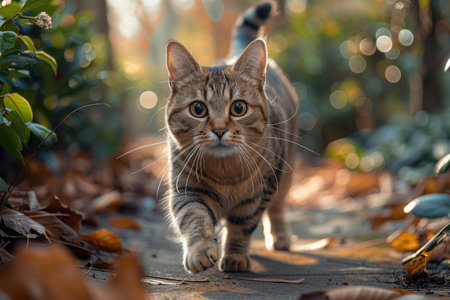 A tabby cat walks confidently on a path with fallen leaves. AIの素材