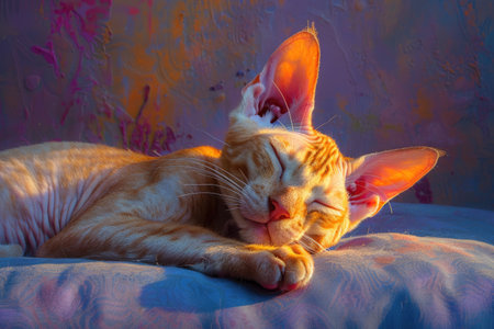 A Sphinx cat sleeps, its orange skin glowing in the sunlight. AIの素材