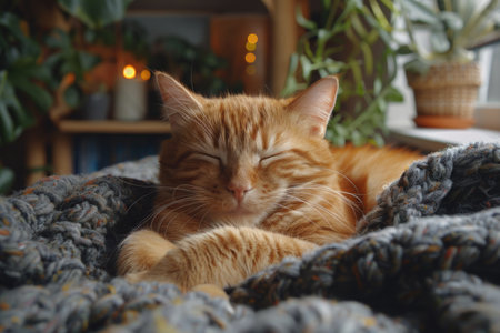 Ginger cat dozes off wrapped in a chunky knit blanket. AIの素材