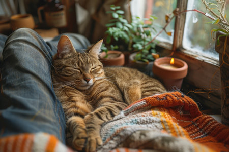 Tabby cat enjoys a restful moment with a human by a sunny window. AIの素材