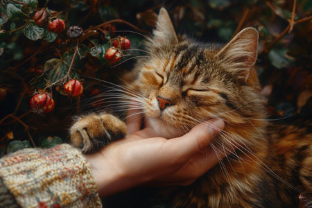 A tabby cat enjoys a gentle human touch among autumn leaves, with eyes blissfully closed. AIの素材