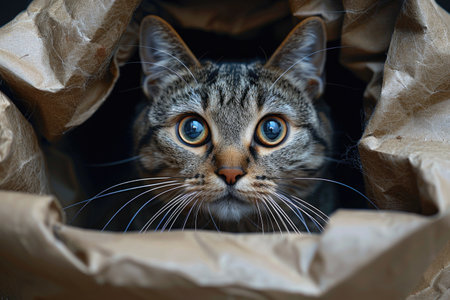 A mesmerizing stare from a tabby cat concealed in the shadows of a paper bag. AIの素材