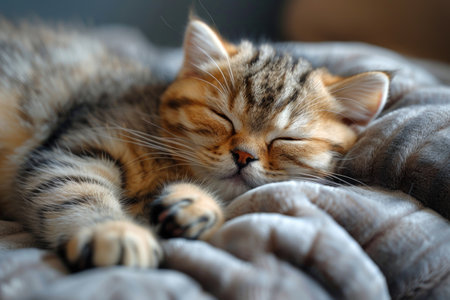 Close-up of a British Shorthair cat enjoying a nap in a grey, plush blanket. AIの素材