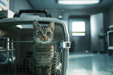 Tabby cat peers out from a gray carrier in a veterinary clinic. AIの素材