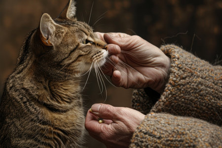 A person's hand gently caresses the face of a contemplative tabby cat. AIの素材