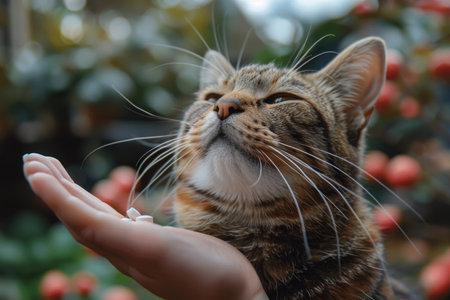 A close-up of a caring hand administering medication to a tabby cat. AIの素材