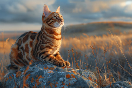 Bengal Cat Admiring the Sunset in Golden Hour AIの素材