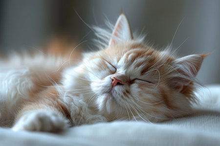 A dreamy Maine Coon kitten sleeps soundly, enveloped in soft light and fluffy textures. AIの素材
