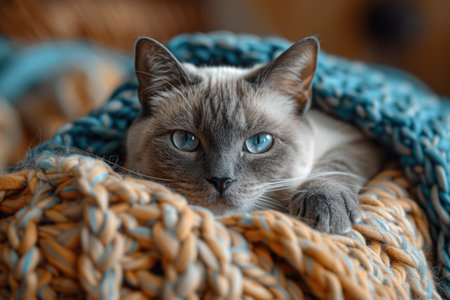 A Siamese cat enjoys a serene moment wrapped in a chunky blue knit, exuding tranquility. AIの素材