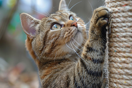 Tabby cat sharpens claws on sisal rope, focused gaze. AIの素材