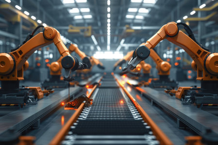 Synchronized Operation of Robotic Arms on Manufacturing Assembly Line AIの素材