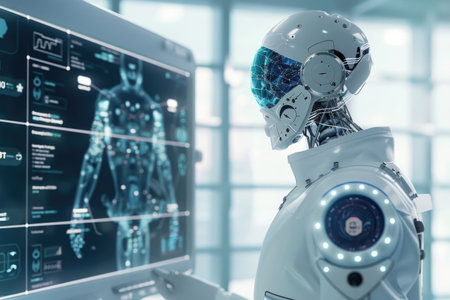 Futuristic Robotic Healthcare Assistant Analyzing Human Anatomy on Interactive Display in Lab AIの素材