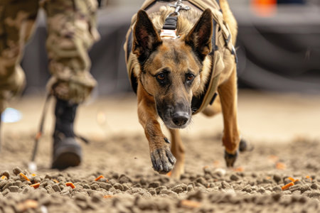 Focused German Shepherd Military Dog Walking Beside Soldier in Training at an Obstacle Course AIの素材