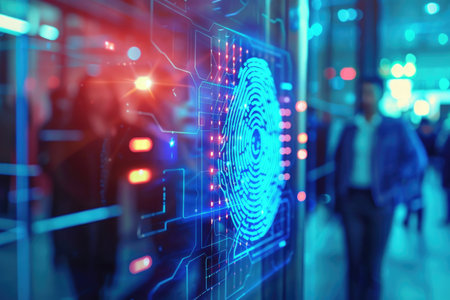 Advanced Fingerprint Biometric Identification System Embedded in a Glass Wall with Cybersecurity Interface Elements AIの素材