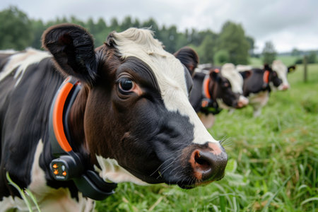 Cow with ear tag looking at camera in a green field with herd in background. A.I.の素材