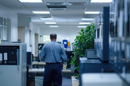 Male office worker standing and monitoring computer screens in a tech lab environment. A.I.の素材