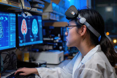 Researcher with VR headset analyzing advanced brain imaging visualizations. A.I.の素材