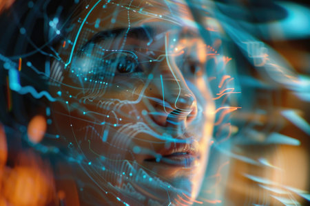Cyborg woman interfacing with a digital holographic system. A.I.の素材