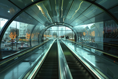 Modern escalator tunnel with reflective surfaces in an urban environment. A.I.の素材