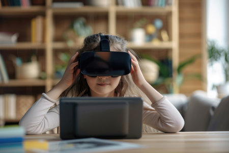 Pre-teen girl using a virtual reality headset at home for interactive learning and gaming AIの素材