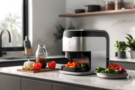 Stylish air fryer cooking bell peppers and broccoli in a well-lit modern kitchen. A.I.の素材