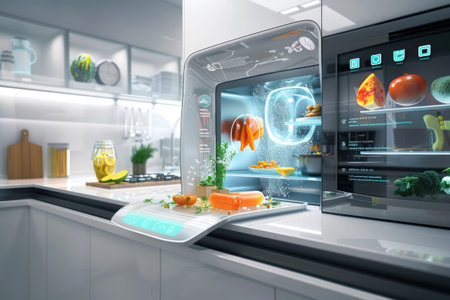 Cutting-edge kitchen with AR interface showcasing interactive food prep. A.I.の素材