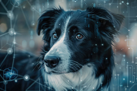 Close-up of a black and white dog's face overlaid with a futuristic digital network interface AIの素材