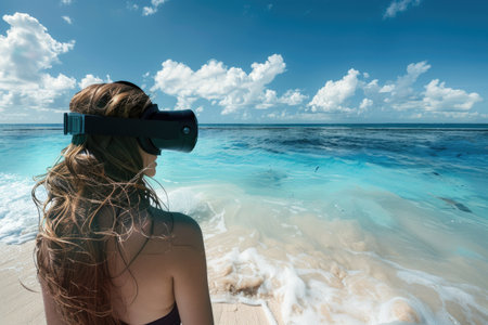 Woman wearing a VR headset on a sandy beach, immersed in a virtual tropical paradise AIの素材
