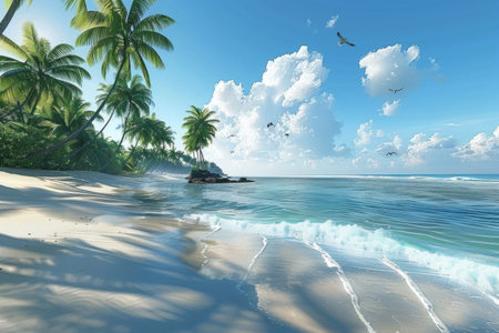 Idyllic tropical beach with lush palm trees and clear blue sky, perfect for vacation and relaxation AIの素材