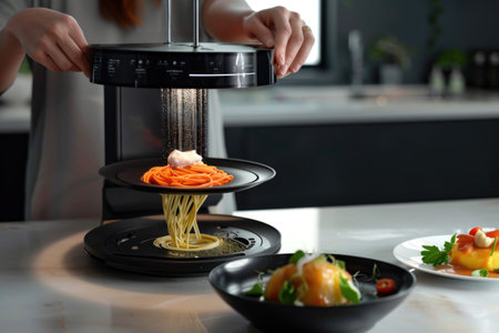 Innovative 3D printing of pasta in a modern kitchen setting, showcasing futuristic food preparation AIの素材