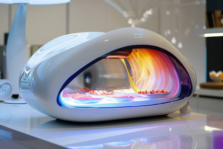 Futuristic kitchen appliance designed for high-tech food preparation with colorful ambient lighting AIの素材