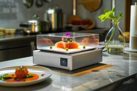Contemporary food presentation under transparent cloche with delicately arranged salmon and garnishes AIの素材