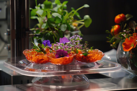 Artistic culinary creation on transparent dish with vibrant edible flowers and microgreens backdrop AIの素材