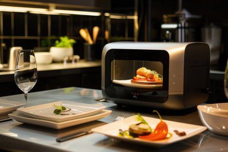 Sleek kitchen gadget presenting a gourmet burger on a white plate with an elegant table setting AIの素材